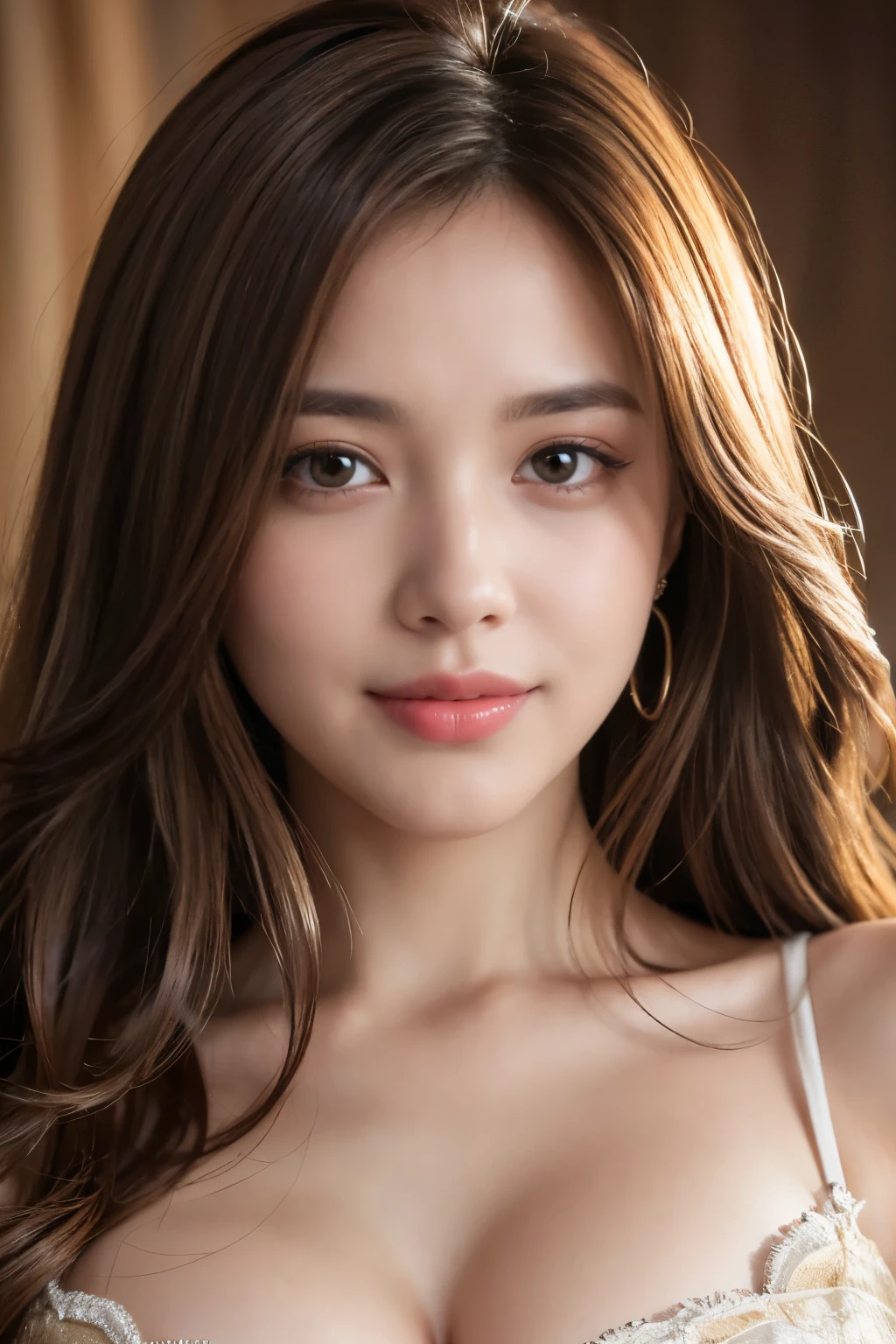 Best quality, realistically, ultra - detailed, Detailed pubic hair, A high resolution, solid color backdrop,8k wallpaper, 1 Beautiful woman, light brown messy hair, lock focus, Perfect dynamic composition, beautiful eyes, Delicate hair, Detailed realistically skin texture, Smiling, closeup portrait, Model body type, Random body orientation,