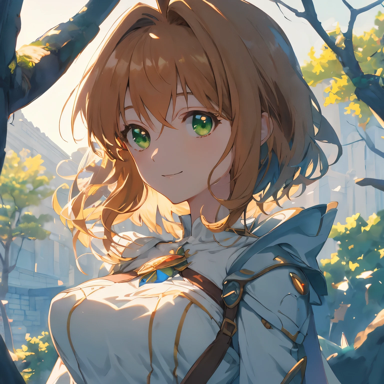 master piece, Best Quality, A high resolution, top-quality, Anime style, The best lighting, Beautiful face, kinomoto sakura, 1woman, tall, 30 years old, large breasts, light brown hair, very Short hair, shoulder length hair, Antenna Hair, Green eyes, frills, dynamic angle, confident smile, vibrant colors, practical clothing, standing in a medieval fantasy city, looking at viewer, portrait, blue skies, green trees