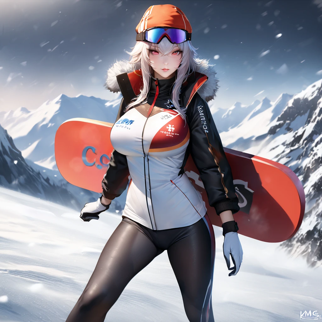 A woman wearing a Biathlon uniform, cold weather sports uniform, black cold weather jacket with yellow details, black cold weather pants, iron cross coat of arms on the uniform, wearing a red cold weather cap, wearing red snowboard goggles, large breasts,burgundy eyes, postured standing, on snowy slope, snowy place, winter weather, background with ice mountains, Azur_lane, KMS_Graf_Zepplein..UHD, masterpiece, accurate, anatomically correct, textured skin, super detail, high quality, best quality, 8k, high resolution, bokeh effect.(solo woman),white gloves, realistic, close view.
