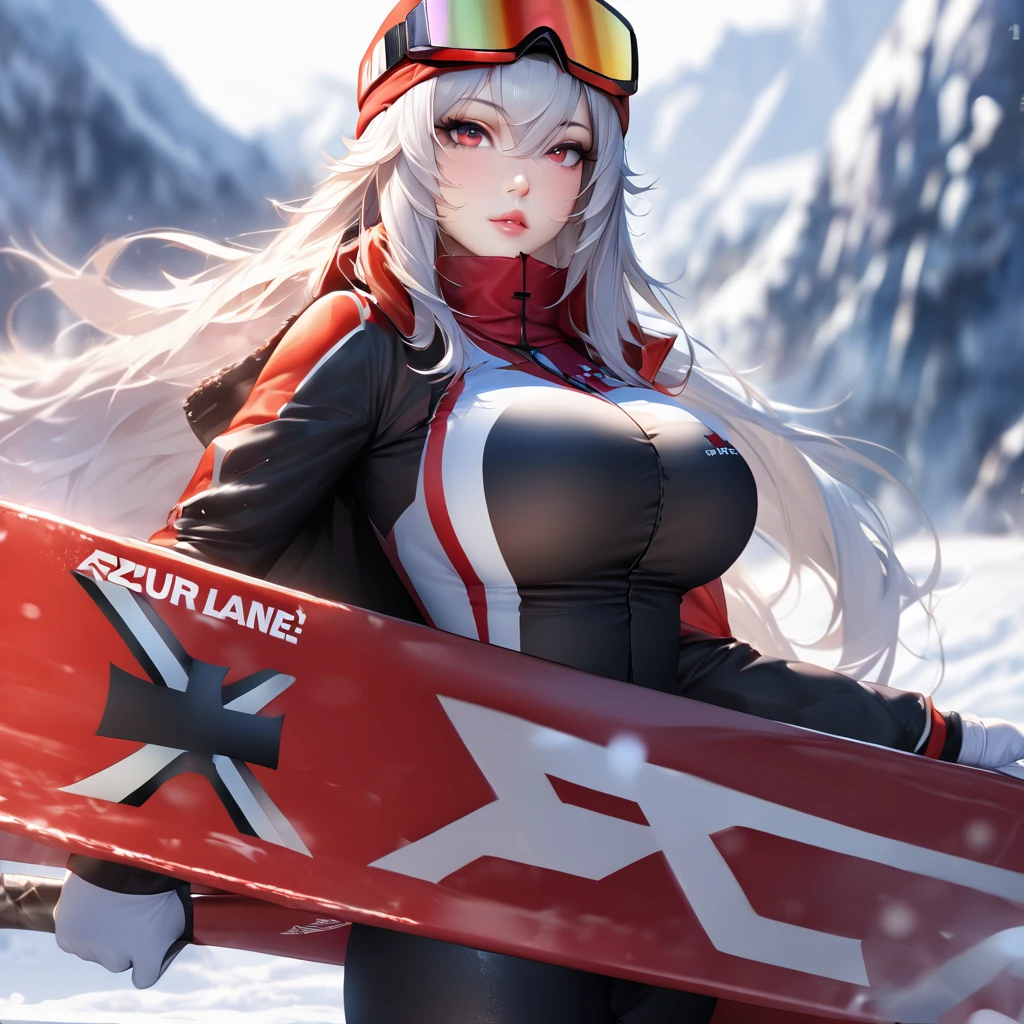 A woman wearing a Biathlon uniform, cold weather sports uniform, black cold weather jacket with yellow details, black cold weather pants, iron cross coat of arms on the uniform, wearing a red cold weather cap, wearing red snowboard goggles, large breasts,burgundy eyes, postured standing, on snowy slope, snowy place, winter weather, background with ice mountains, Azur_lane, KMS_Graf_Zepplein..UHD, masterpiece, accurate, anatomically correct, textured skin, super detail, high quality, best quality, 8k, high resolution, bokeh effect.(solo woman),white gloves, realistic, close view.
