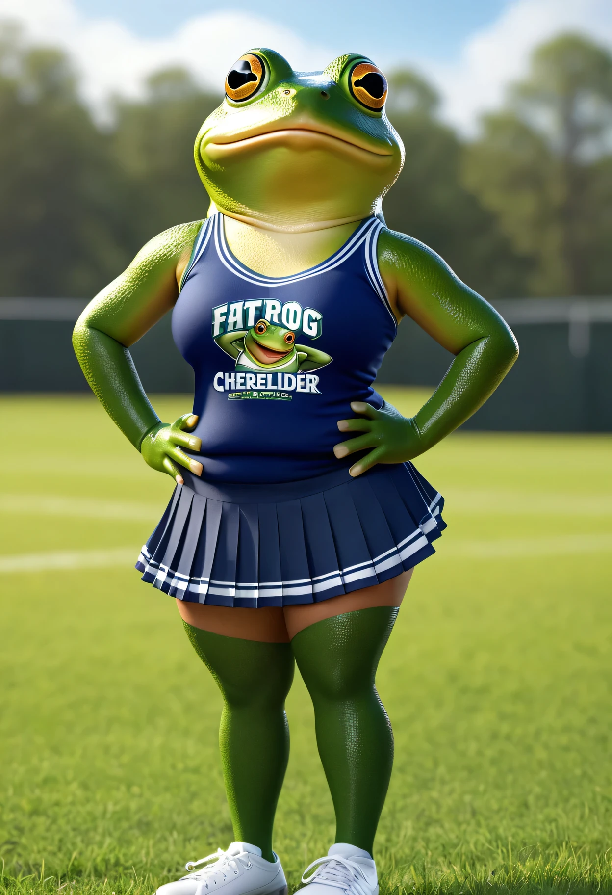 photorealistic portrait of Dressed animals - a ((fat)) (frog) cheerleader,(hands on hips:2.0),(cheerful pose:1.5), (happy:1.5),high quality,(lovely) , highly detailed tank top with team logo ,intricate detailed short pleated skirt, highly detailed ((cheerleader's costume)) ,(highly detailed sox and sneakers),, (happy), natural lighting,(full body image:2.0), break, grass sports field background,