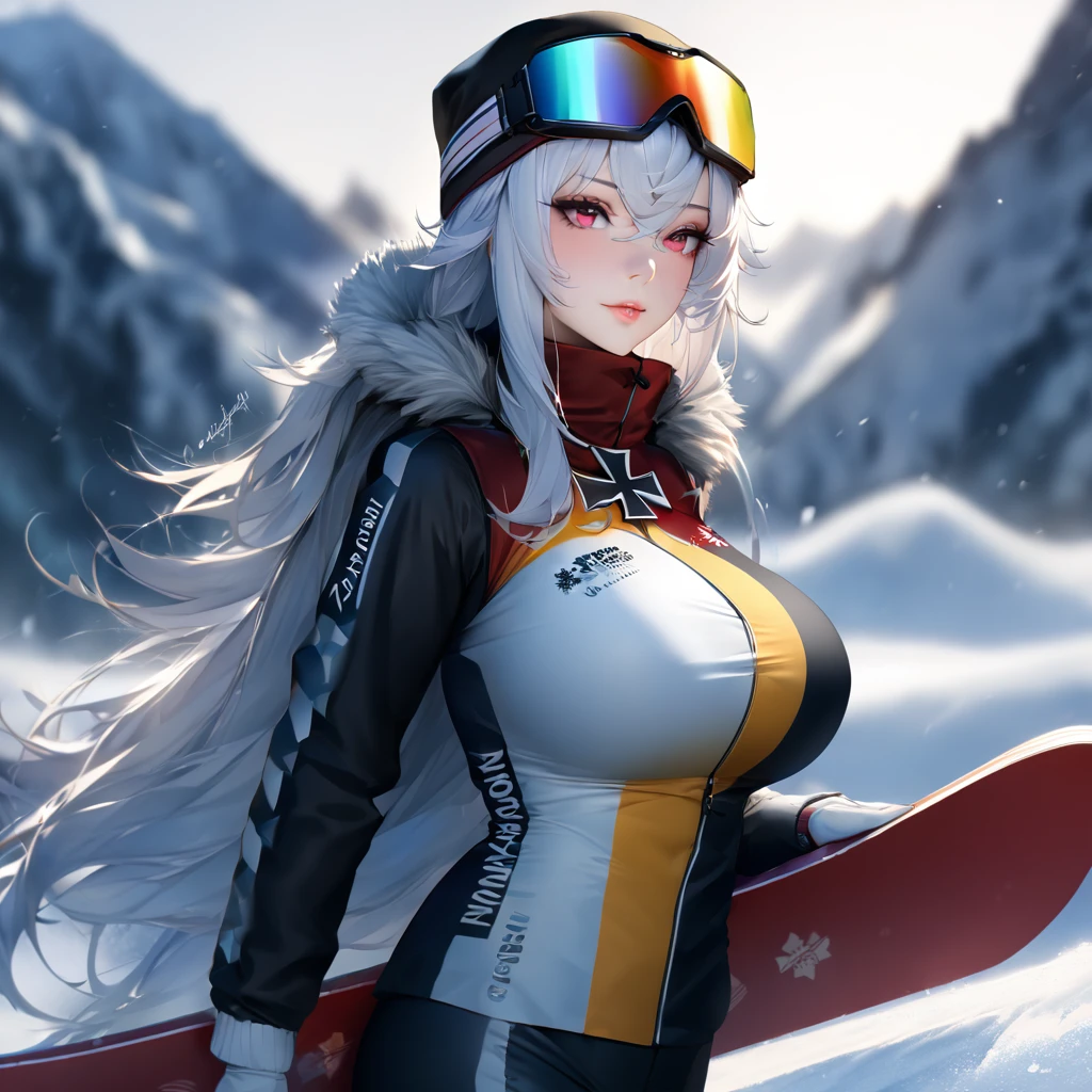 A woman wearing a Biathlon uniform, cold weather sports uniform, black cold weather jacket with yellow details, black cold weather pants, iron cross coat of arms on the uniform, wearing a red cold weather cap, wearing red snowboard goggles, large breasts,burgundy eyes, postured standing, on snowy slope, snowy place, winter weather, background with ice mountains, Azur_lane, KMS_Graf_Zepplein..UHD, masterpiece, accurate, anatomically correct, textured skin, super detail, high quality, best quality, 8k, high resolution, bokeh effect.(solo woman),white gloves, realistic, close view.
