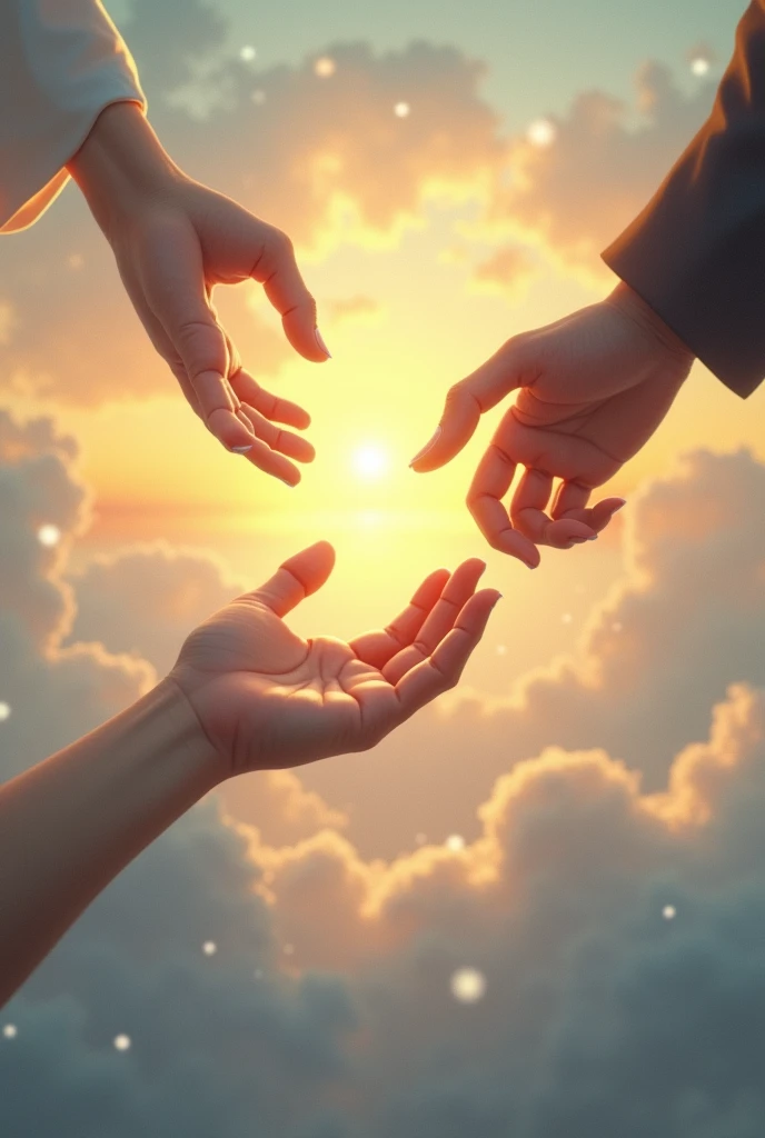 Book cover with two hands (of men) trying to touch each other in Heaven
(There is a light sunset behind and several snowflakes falling in the distance), a white hand (the one above) and the other brown hand ( the one below)