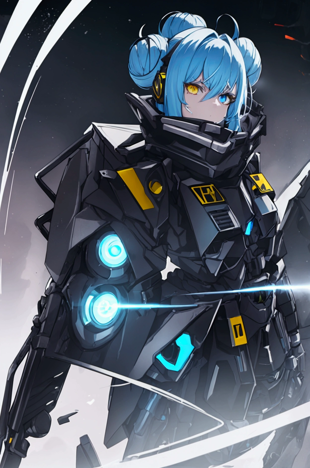 robotic, android girl, mechanical limbs, mismatched iris, full body, gritty sci fi, mechanical body, deep cobalt blue hair, mecha headset, mecha arms, asymmetrical arms, mecha ears, concept art, body armor, shape conforming armor, uniform breastplate, mecha gauntlet, futuristic cloak, single hair bun, warrior stance, strong figure, yellow eye, black clothing, high collar jacket, serious, streaked hair, bangs, hair bun, hair behind ear, parted bangs, half updo, hair bun, asymmetrical hair, colored inner hair, white hair, aqua eye, glowing eyes, determined, dark blue hair, heterochromia, HD, masterpiece, super detail, best quality, accurate, anatomically correct, solo focus