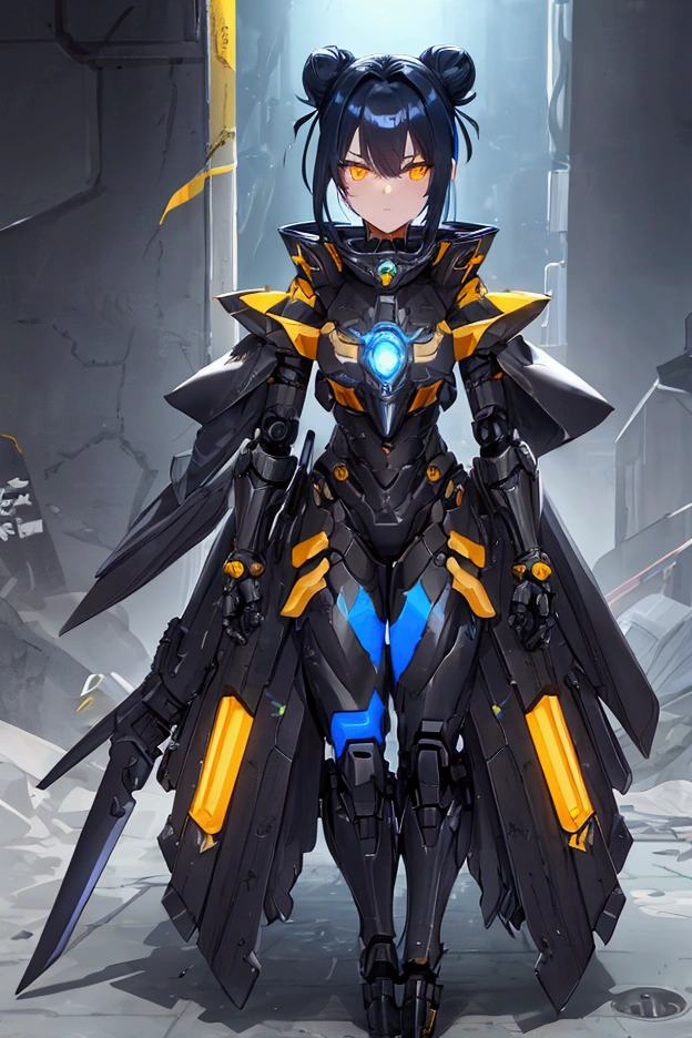 robotic, android girl, mechanical limbs, mismatched iris, full body, gritty sci fi, mechanical body, deep cobalt blue hair, mecha headset, mecha arms, asymmetrical arms, mecha ears, concept art, body armor, shape conforming armor, uniform breastplate, mecha gauntlet, futuristic cloak, single hair bun, warrior stance, strong figure, yellow eye, black clothing, high collar jacket, serious, streaked hair, bangs, hair bun, hair behind ear, parted bangs, half updo, hair bun, asymmetrical hair, colored inner hair, white hair, aqua eye, glowing eyes, determined, dark blue hair, heterochromia, HD, masterpiece, super detail, best quality, accurate, anatomically correct, solo focus