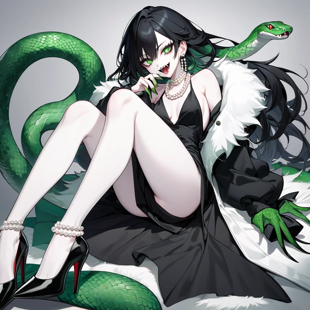 pale skin anime girl, long black hair, green snake eyes, Fangs, Sharp nails, Pearl Necklace, pearl earring, white furry jacket and sexy black dress, black heels.