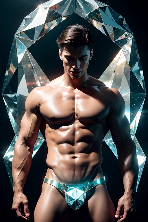 (realistic, Masterpiece, best quality, height, Highly detailed), Handsome young man poses nude surrounded by crystal, The identity of the crystal as a human, 18 year old male, bright colors, realistic light, SPARKLING REFLECTION, Bright and radiant skin, Chisel body, intense stare, striking features, Well-defined jaws, messy hair, Confident and relaxed posture, artistic elements, Elegant and elegant gestures, Fascinating and mesmerizing expression, The man's body is covered with delicate and complex crystals., Create a mesmerizing and ethereal effect., Impeccable attention to detail, Flawless surface rendering, The perfect combination of realism and fantasy, Incredible depth and dimensions, The difference that attracts attention between the smoothness of men's skin and the texture of the crystals, The combination of the human shape with the crystal that surrounds it seamlessly, Causes a sense of elegance, beauty, and mystery, A powerful symbol of purity and strength, embodied by the elements of the crystal., Expertly applied shadows and highlights to enhance the three-dimensional quality of the image., Expertly using colors to create a dream-like atmosphere, Delicate and delicate light and shadow, Create beautiful, spectacular and emotional scenes, Exquisite workmanship and skillful execution, capturing the essence of both the human form and the ethereal beauty of crystals, Create an impressive and memorable viewing experience.front view,full body image,((((Convex crotch))))
