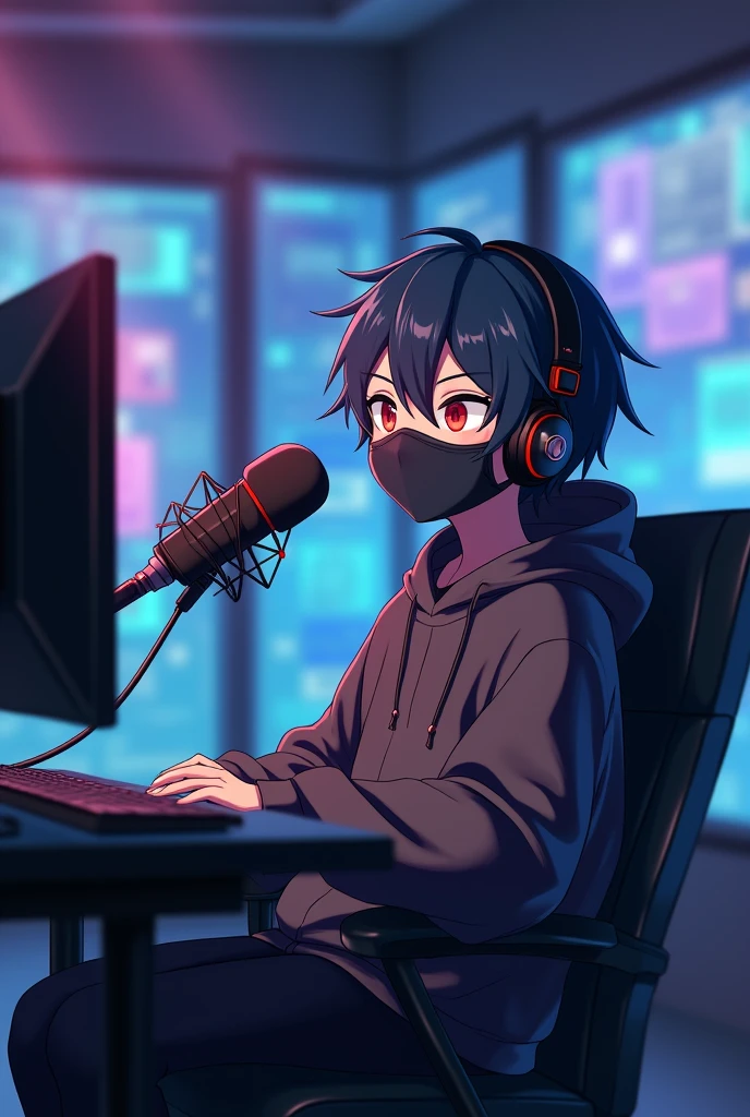 anime male avatar in a hoodie with a face mask sitting in front of the camera, staring right into it, sitting in a chair, microphone in front, with a digital studio background
