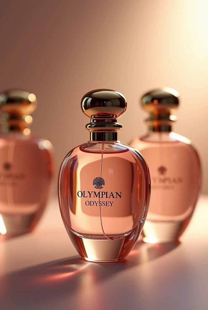 realistic perfume bottles with logo with the name Olympian Odyssey a unique design in several different positions and angles as if it were in a magazine. create a background scenario.