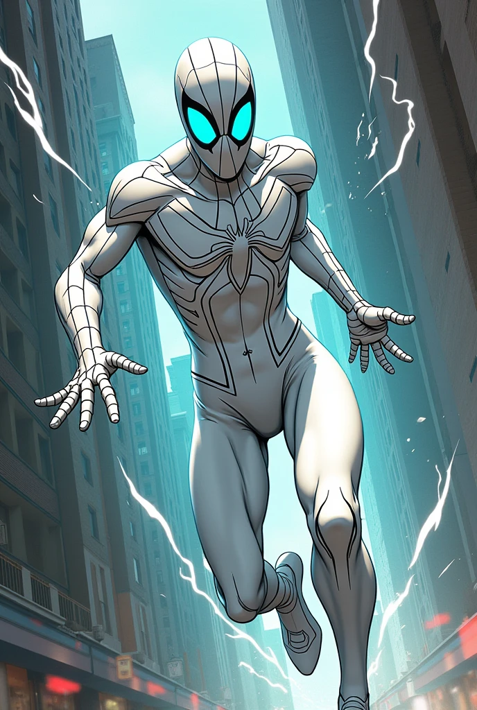 Slim spider man with webbing but in a white suit with bright turquoise eyes in comic book style art