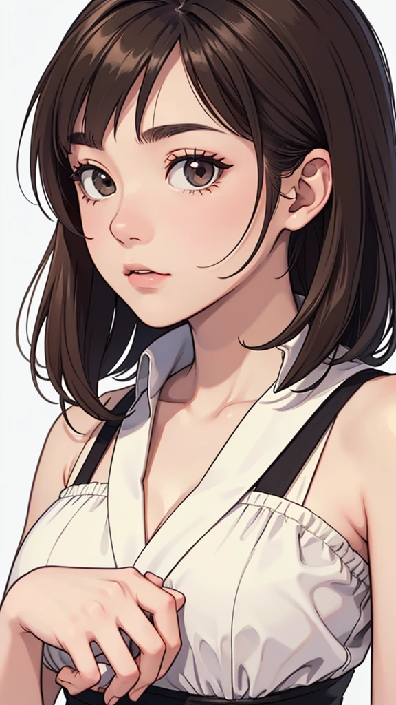 (((masterpiece, best quality, ultra highres, 1 girl, solo, no background))), super detailed skin and face and eyes and finger, beautiful japanese woman, small breasts:1.5, skinny, light brown hair, white background, very short pixie hair, knee shot, Generate with illustrations, Various expressions, Various poses, The background should be simple, with the character positioned centrally, outline, anime, 2d, boyish, everyday clothes, expressionless,