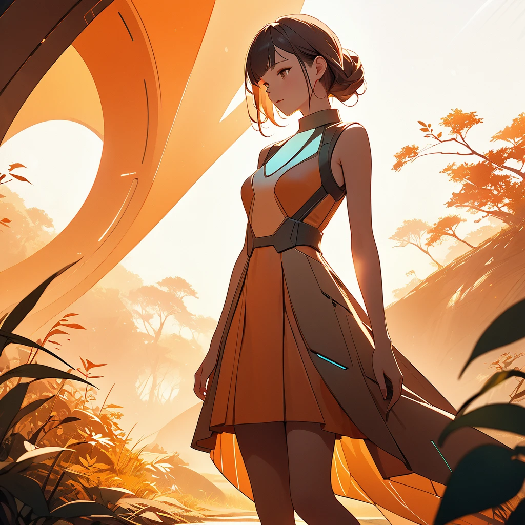 eco fashion dress, nature inspired, made from sustainable materials, futuristic silhouette, natural lighting, warm color palette, cinematic composition.