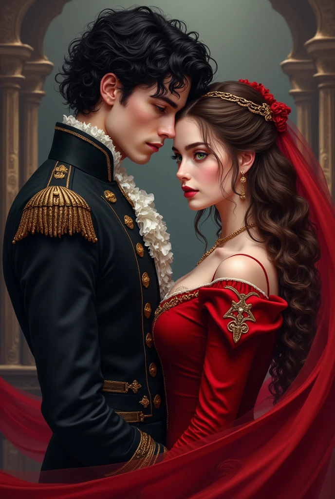 A cover for a romance novel called "visceral" It&#39;s about a kind of Enemys to lovers between two teenagers, a prince with black curly hair, white skin and green eyes, and a princess with wavy brown hair, white skin and violet eyes. Their clothes must be red or black and the Targaryen symbol. author: Solesxt 
