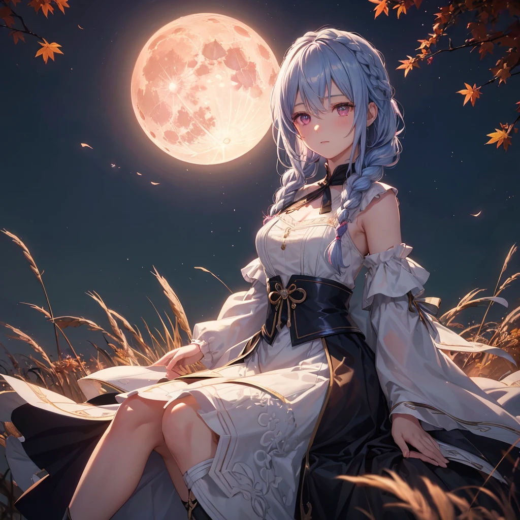 (Braiding),(Sky blue medium hair), (Pink eyes),(Fair skin) ,(whole body),(One Girl),(harvest moon),(A large amount of Miscanthus sinensis in the background),autumn,(full moon),(masterpiece, Highest quality, Very detailed, Best Shadow), (Detailed Background), (Beautifully detailed face), High Contrast, (Best lighting, Very delicate and beautiful), ((Cinematic Light)), Hyper Detail,8k, Dramatic Light, Intricate details,Maple