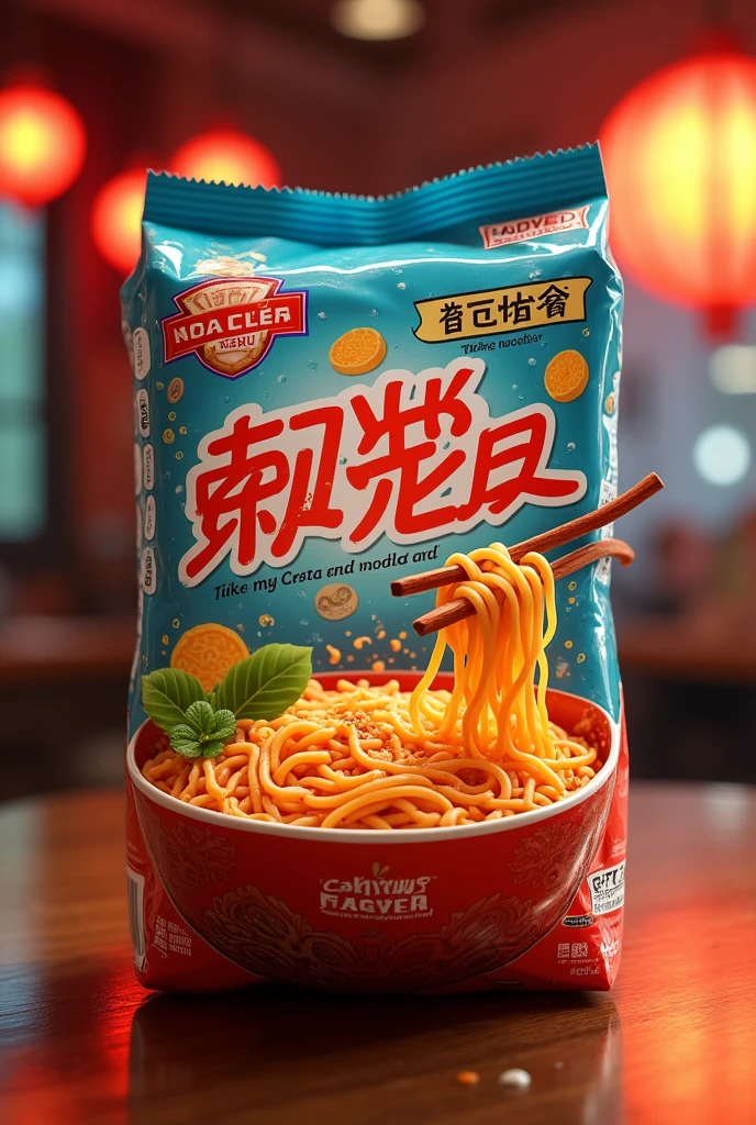 Image of a package of instant noodles with writing on it, instant noodles with manta flavor , with a sweet and savory promise, there is a photo of you on the packaging of the noodles 8k, hdk, 