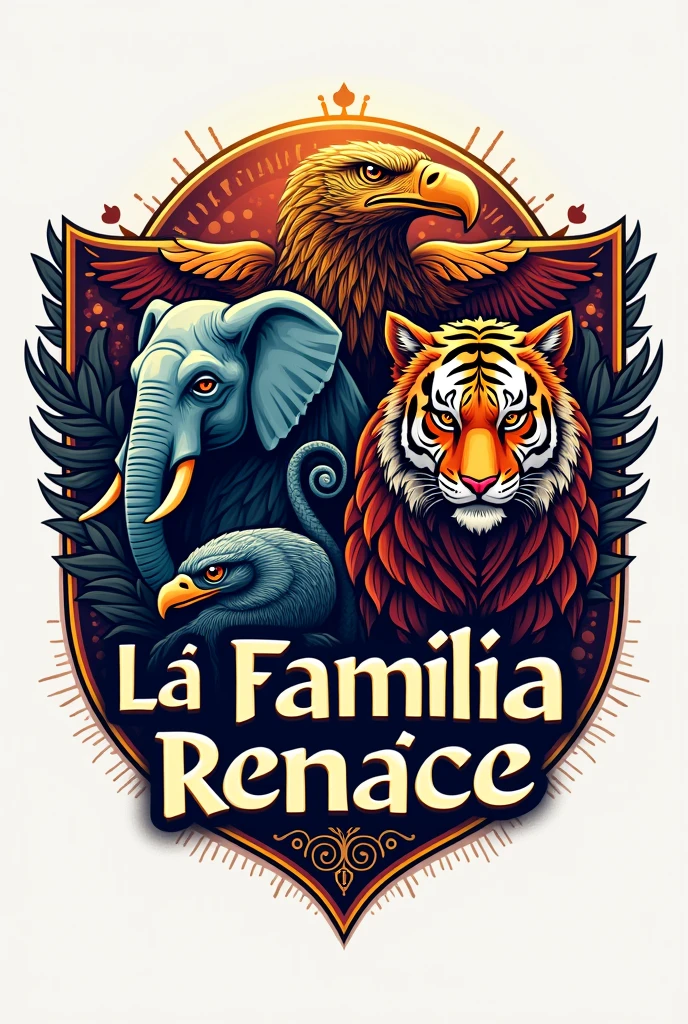 Logo, with an elephant, a snake, a tiger and an eagle In color and with the family reborn written on it In Spanish