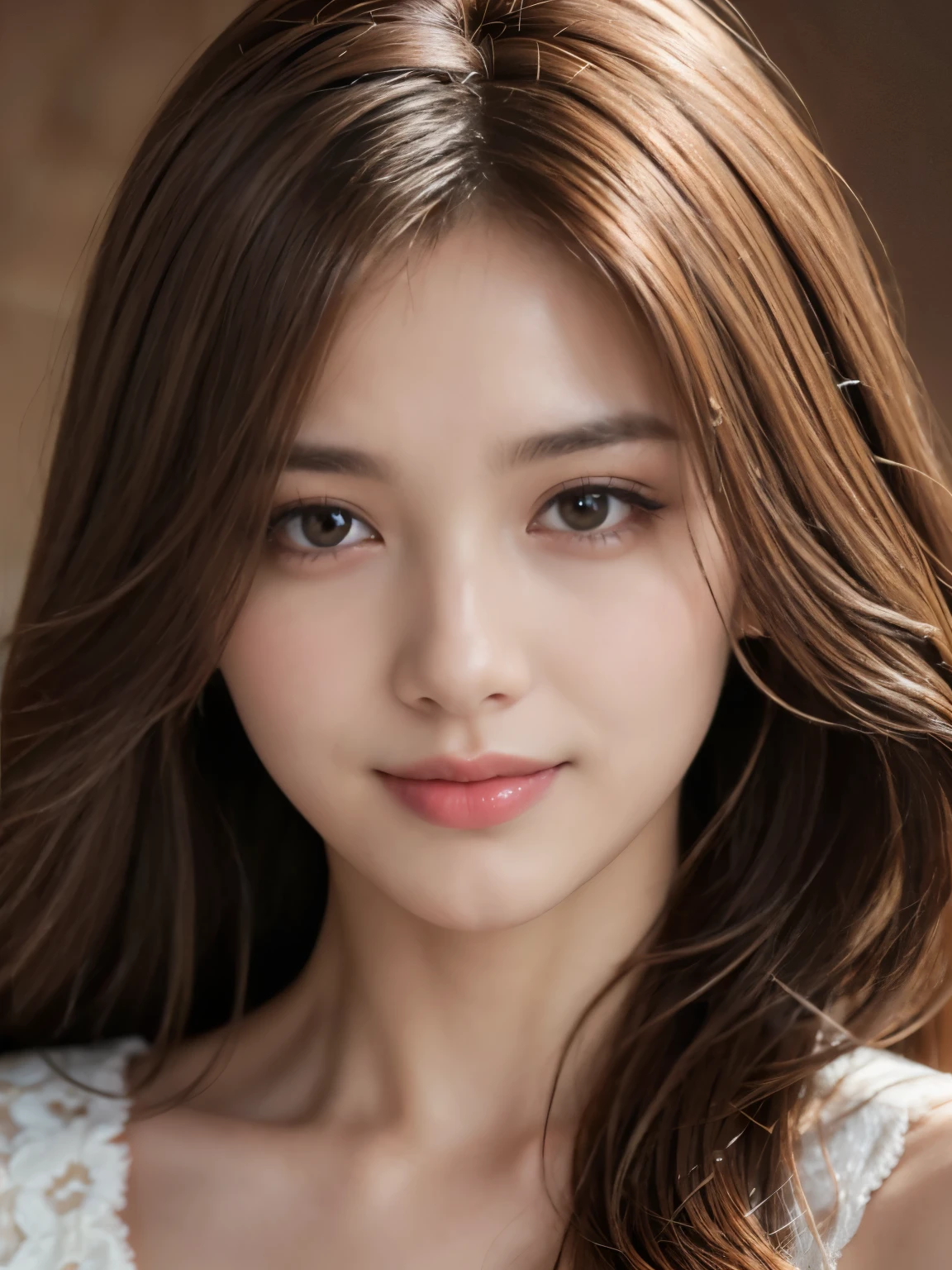 Best quality, realistically, ultra - detailed, Detailed pubic hair, A high resolution, solid color backdrop,8k wallpaper, 1 Beautiful woman, light brown messy hair, lock focus, Perfect dynamic composition, beautiful eyes, Delicate hair, Detailed realistically skin texture, Smiling, closeup portrait, Model body type, ((Random body orientation)),