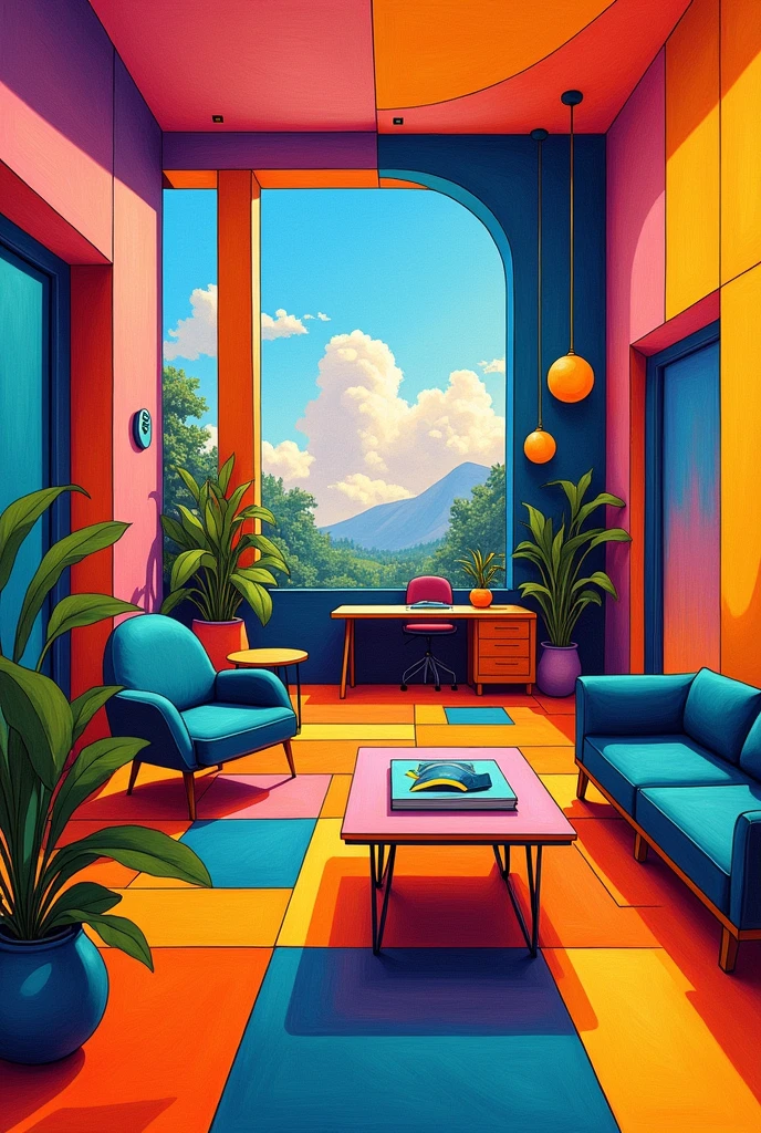 A drawing of a classroom that is abstract, made with pure figures, that is excessively abstract., like this but much more abstract and more colorful that it looks more like a living room but just as abstract