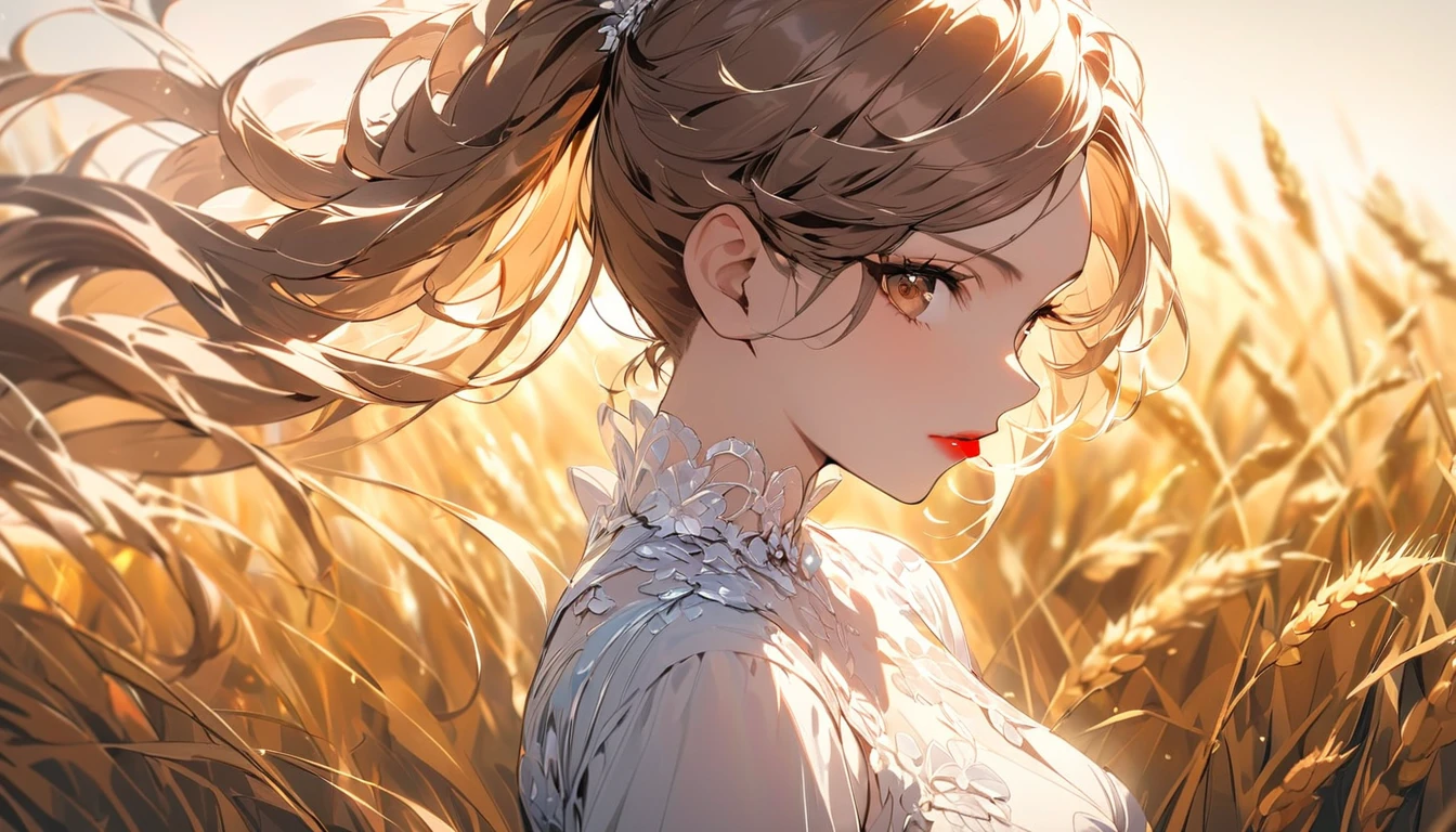 (masterpiece:1.4),, (best quality:1.4),, ultra-high res,, 8K, CG,, (extremely delicate and beautiful:1.2),, , upper body,, from side,, looking at viewer,, , 1girl,, solo,, fashi-girl,, mature girl,, , cute, sweet,, , in the wheat field,, blurry background,, , long brown hair,, ponytail hair,, , brown eyes,, closed mouth,, red lips,, , face brushed by the wind,, , white dress,, medium breasts,