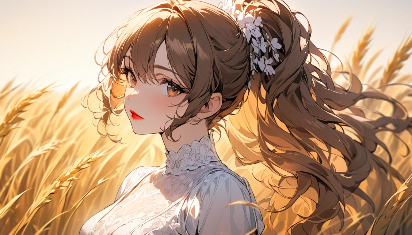 (masterpiece:1.4),, (best quality:1.4),, ultra-high res,, 8K, CG,, (extremely delicate and beautiful:1.2),, , upper body,, from side,, looking at viewer,, , 1girl,, solo,, fashi-girl,, mature girl,, , cute, sweet,, , in the wheat field,, blurry background,, , long brown hair,, ponytail hair,, , brown eyes,, closed mouth,, red lips,, , face brushed by the wind,, , white dress,, medium breasts,
