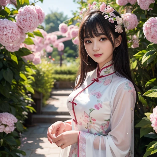 best quality, Delicate face，beautiful visual work, lifelike,  eternity, black hair, Long curly hair, blunt bangs, Smile, In the flower garden, flower, Detailed Background,  Delicate face，pink blush，cold，((masterpiece))、(top quality)、8k、high detail、Super detailed，21 years old female，Wearing Chinese cheongsam、Seductive and whimsical style、masterpiece、born、Scenes resembling fairy tale illustrations、Intricate details and complex designs、Beautifully、magic、capricious、 Beautifully、Dream aesthetics、「𝓡𝓸𝓶𝓪𝓷𝓽𝓲𝓬、ethereal、charming、fickle、magic」、Realism、Visual effects、FXAA、SSAO、Shaders、voiceless、ambient lighting、Tone mapping、High resolution、Ultra high quality、Million pixels、(8K resolution:1.10)、8k、Below 8K、8K resolution、high detail、intricate details， (high quality:1.2、masterpiece:1.2、:1.21)、(21 years old female:1.21)、(Smile excitedly)、(Surrounded by the dreamy atmosphere、Model diagram，full-body shot，Normal 2 feet，Don't show your fingers