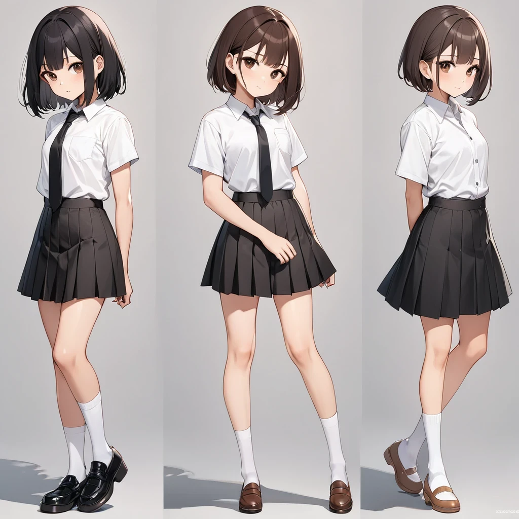 Girl whit choppy dark hair done in a bob-esque hairstyle, with dark brown eyes. She displays the same button-up plain white shirt and black skirt that reaches under her knees, with a dark tie throughout seasons one and two. She is physically a teenage girl of Thai descent, light-tanned skin with a slim figure standing at 5′ 7″, with large brown eyes and a round nose. She sports low-heeled black uniform shoes, with white socks.