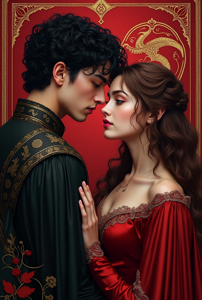 A cover for a medieval romance book called "visceral" It&#39;s about a kind of Enemys to lovers between two teenagers, a prince with black curly hair, white skin and green eyes, and a princess with wavy brown hair, white skin and violet eyes. Their clothes must be red or black and the Targaryen symbol. author: Solesxt 