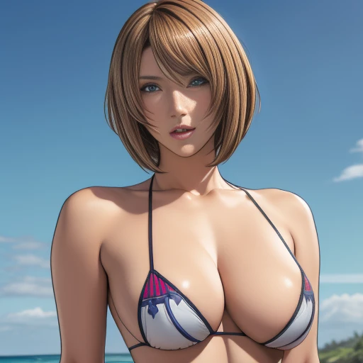 Browsing Caution, Highest quality, Official Art, masterpiece, Fabric Shading, High resolution, Very detailed, colorful, Best details, (Adult,19 years old, One Girl, alone, Final Fantasy 12, Asheria, transformation, Female dog, short hair, Curly Hair, Bobcut, Eyepatch bikini, Large Breasts, skinny, blue eyes, Public indecency, Beach:1.5, derogatory,