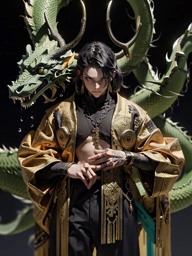 a 2 meter dragonborn, black scales,oil painting, drops, fully body, posando, holding a longsword, antlers, plenty of clothes, clothes with feathers, greeneyes, thin and tall body he has black color, oil details, fullhd quality.