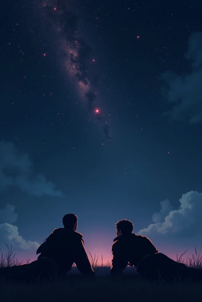 Two shadows of two men who are warrios (far away) laying in the ground and whatching at stars, these two men are in the middle of a plain in the evening, with a starry night (dark blue sky above fading to slightly lighter blue below, with pink and red) with thousands of stars, one in the middle shining a little brighter and standing out from the others.