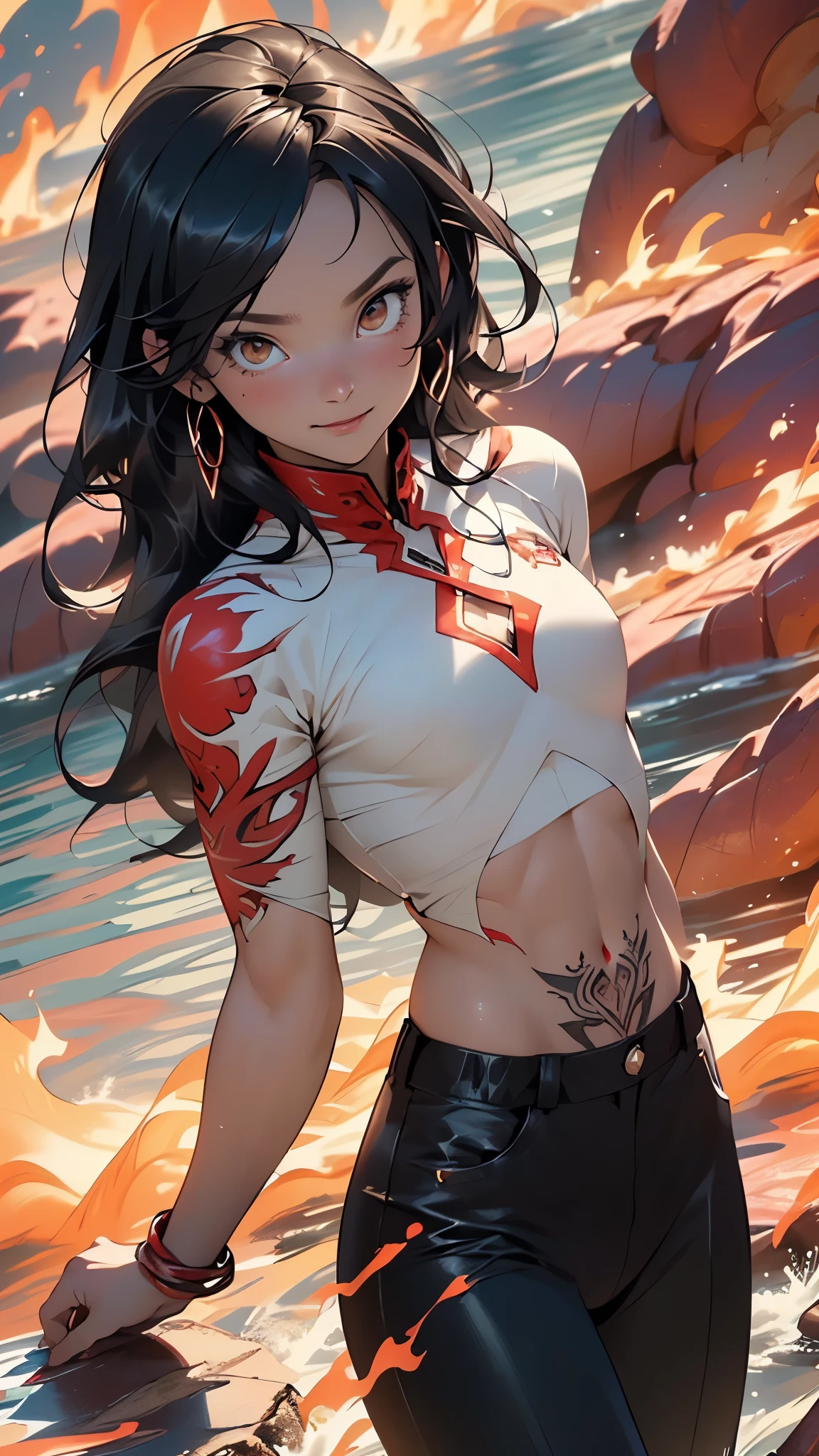 flame man,man:1.5,1 man,tracker man,(1man),((man:1.5 with long hair)),
(((1male,handsome man,male,male gender:1.5,male focus))),macho man,
((long black hair,detailed hair,highly detailed hair,black hair,very short beard:1.2)),(((lustrous skin:1.5,tanned skin,bright skin: 1.5,skin tanned,shiny skin,very shiny skin,shiny body,illuminated skin))),(((brown_eyes:1.2))),intricate eyes,beautiful detailed eyes,symmetrical eyes,man chest,handsome face,((muscular)),(((detailed face))),
alluring look,nsfw,
(((bare chest))),red pants,((bulge in pants)),((tracker outfit)),(wearing a tracker outfit:1.3,tracker clothes),(((fire body, liquid lava, boy,with lava body, prismatic fire, lava details, liquid lava covering her body, sun goddess, fire, tattoos, (powerful aura), Flame elements, Incarnation of the Flame, Humanoid Flame, the body is on fire (flames in the body: 1.4)))),
(dynamic pose:1.0),solo focus,((evil smile,evil look)),(centered,scale to fit dimensions,Rule of thirds),
((red and white background of a waterfall, red lava rivers, bright red lava flows, bloody river in hell, narrow red lava rivers, red fluid, bottom of a lava river, bright red veins, turbulent blood lake, flowing lava, rivers of lava, streams of bright hot lava, rivers of blood)),scenery:1.25,((intricate scenery)),
(Glossy fire ornaments),highres,sharp focus,(ultra detailed,extremely detailed),(photorealistic artwork:1.37),(extremely detailed CG unity 8k wallpaper),(((vibrant colors,vibrant theme))),(intricate),(masterpiece),(best quality),artistic photography,(photography taken by sldr),(intricate background),perfect rendered face,perfect face details,realistic face,photo realistic,((intricate detail)),(((realism))),
