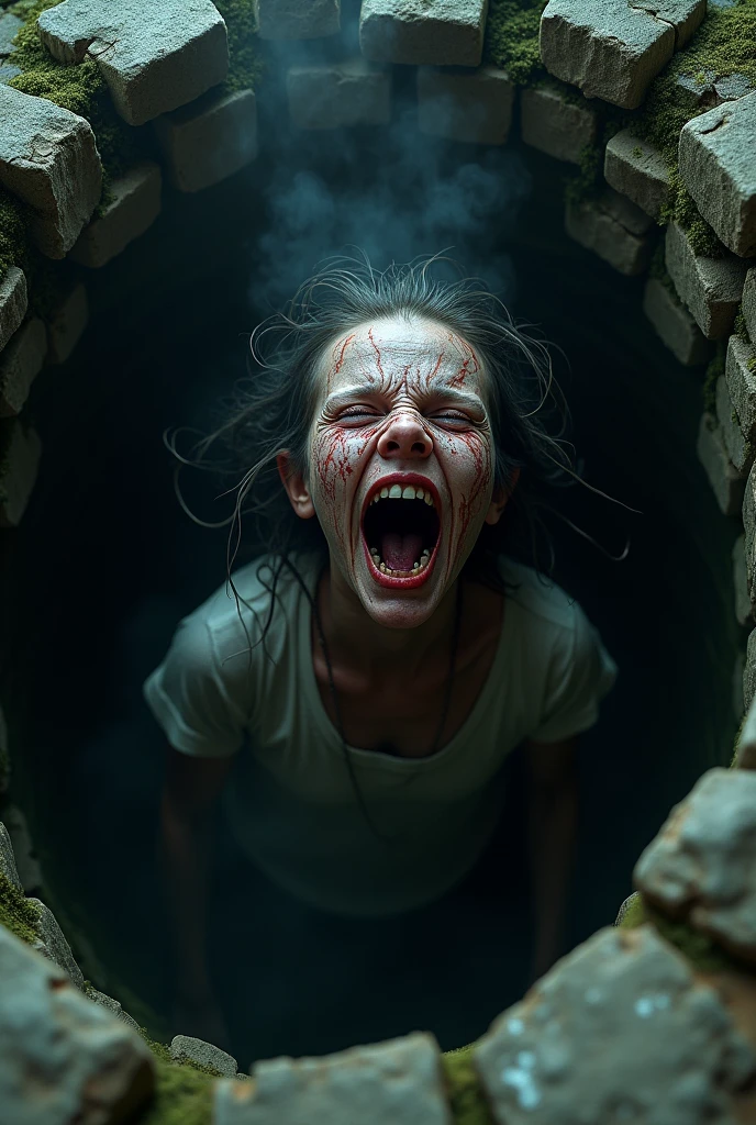 Scary girl with hairs on her face screaming from inside the deep well