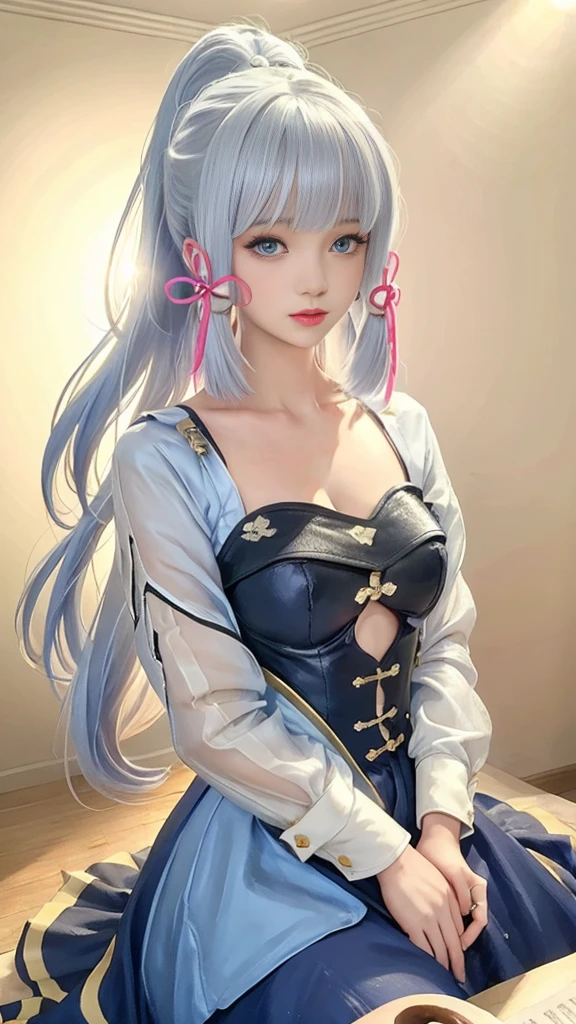 (masterpiece), (best quality), (Extremely detailed),(Messy hair),(illustration), (1 Girl), (Fashion), permanent, fashion model, Looking at the audience, (interview), ( background),Beautiful and delicate eyes, Delicate and beautiful face, floating,(High Saturation),(Colorful splash), Focus on the face, Ponytail, Kamisato Ayaka, Light blue hair, Bangs, Optimal lighting, Best shadow, Medium breasts