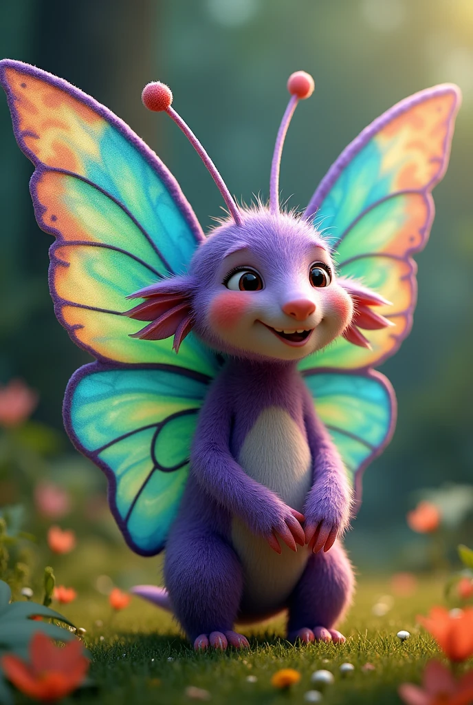 crie a bia, the Colorful Butterfly, a puppet character, with wings colored in shades of blue, green and yellow, with small antennas and purple body. Bia is happy, curious and courageous, more charming and half human