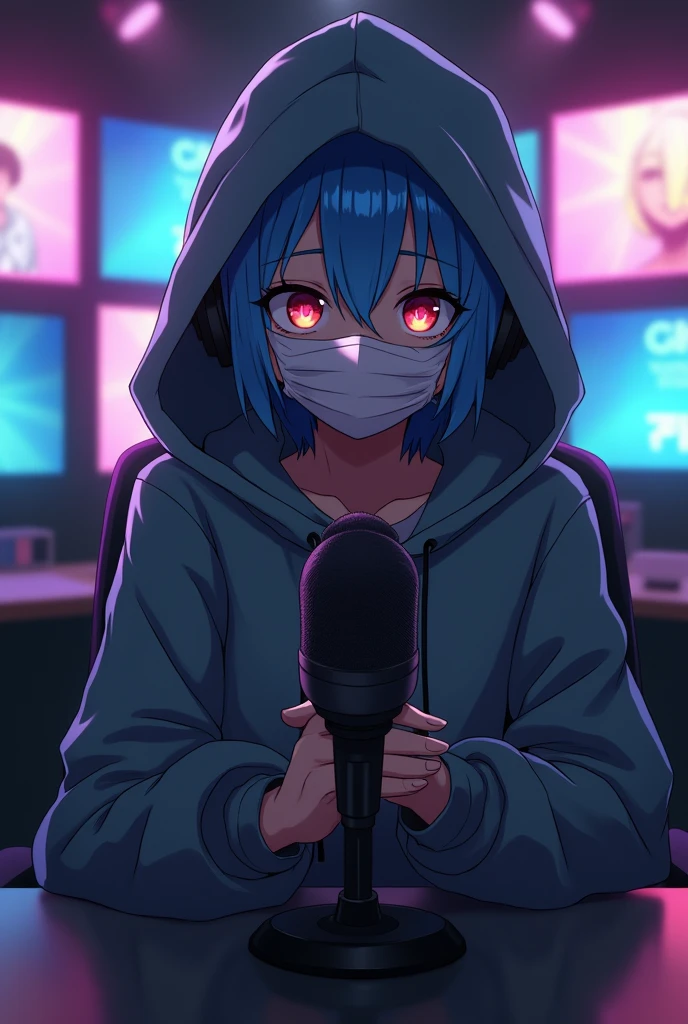 An anime male avatar in a hoodie with a face mask sitting in front of the camera, staring right into it, sitting in a chair, microphone in front, with a digital studio background. viewers should watch the character eye to eye