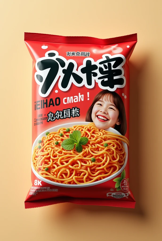 Image of a package of instant noodles with writing on it, instant noodles with manta flavor , with a sweet and savory promise, there is a photo of you on the packaging of the noodles 8k, hdk,