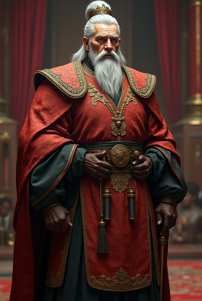 An emperor in his 60s, tall and dignified with a strong, imposing frame that carries the weight of his authority. Light olive skin or tanned complexion, showing a life of both outdoor activities and palace life. Deep, penetrating eyes of gray, reflecting his wisdom and experience. Silver-gray hair, once dark but now showing signs of age. It’s usually kept short and neatly groomed with the crown.