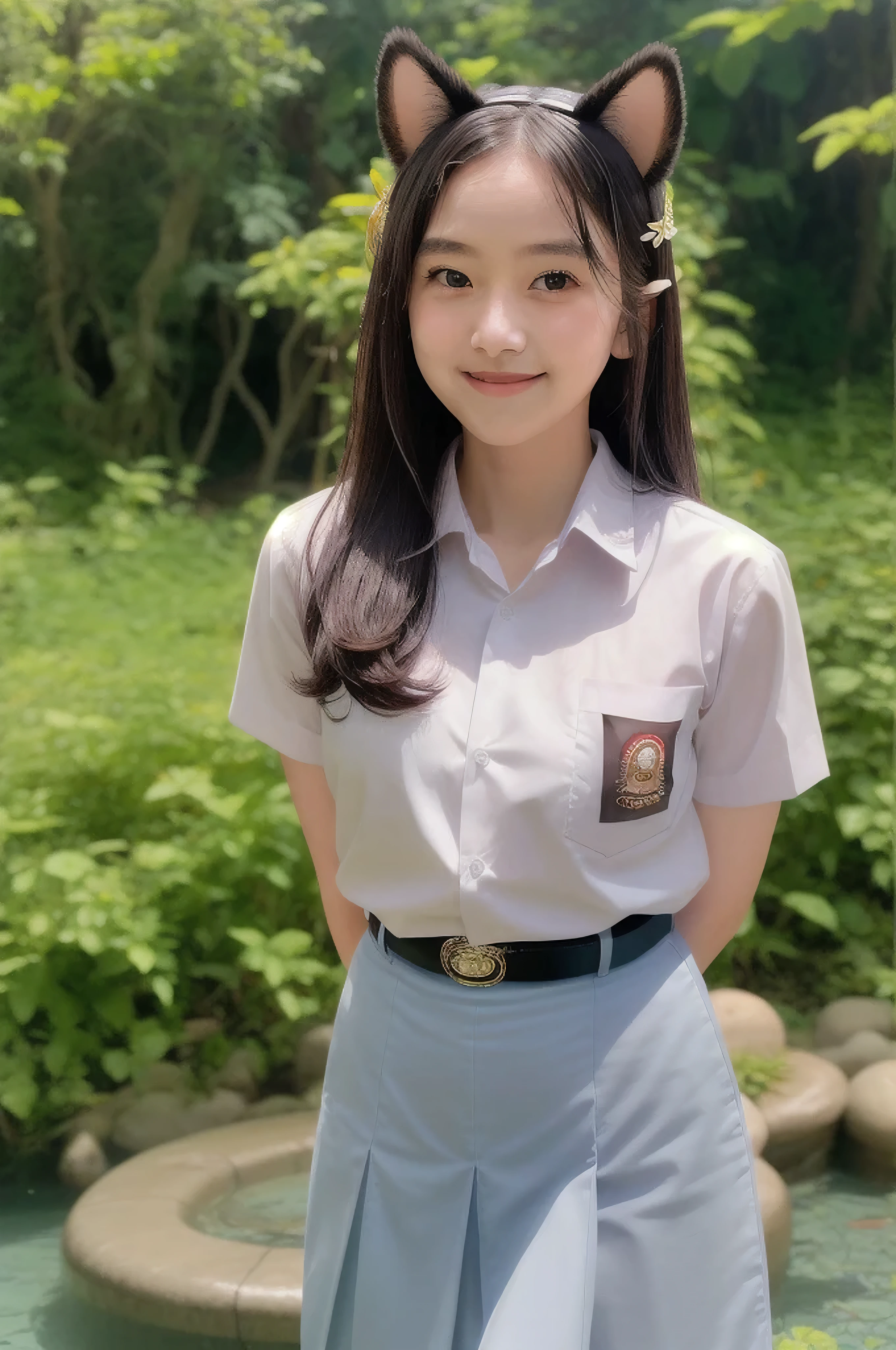 1girl, yellow eyes, long hair, cewe-sma, from fitting, white shirt, gray skirt, belt, looking at viewer, light smile, arms behind back, nature, hair ornament, animal ears, water, wet 