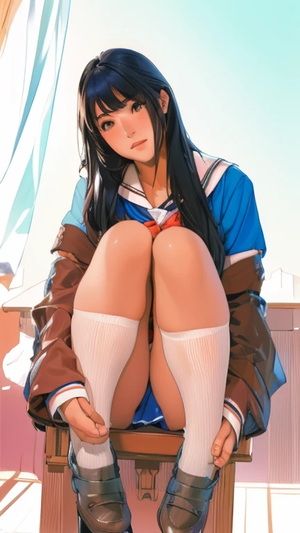 Japan woman in Alafed in sailor suit sitting on chair, realistic young gravure idol, Cute school girl, A surreal high school girl, Young and cute gravure idol, Surreal school girl, wearing Japanese school uniform, Young Gravure Idol, Japanese girls uniform, Japanese School Uniform, Young Sensual Gravure Idol, High school girl posing、（Panty showing pose）, masterpiece, anatomically correct, textured skin, high details