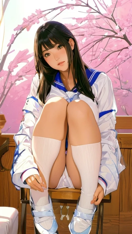 Japan woman in Alafed in sailor suit sitting on chair, realistic young gravure idol, Cute school girl, A surreal high school girl, Young and cute gravure idol, Surreal school girl, wearing Japanese school uniform, Young Gravure Idol, Japanese girls uniform, Japanese School Uniform, Young Sensual Gravure Idol, High school girl posing、（Panty showing pose）, masterpiece, anatomically correct, textured skin, high details