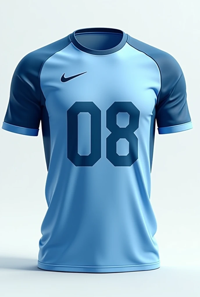 Create an image of a light blue volleyball shirt with dark blue, front and back, with beautiful details, without any writing, just the number 08 with a gradient at the beginning of the dark blue shirt