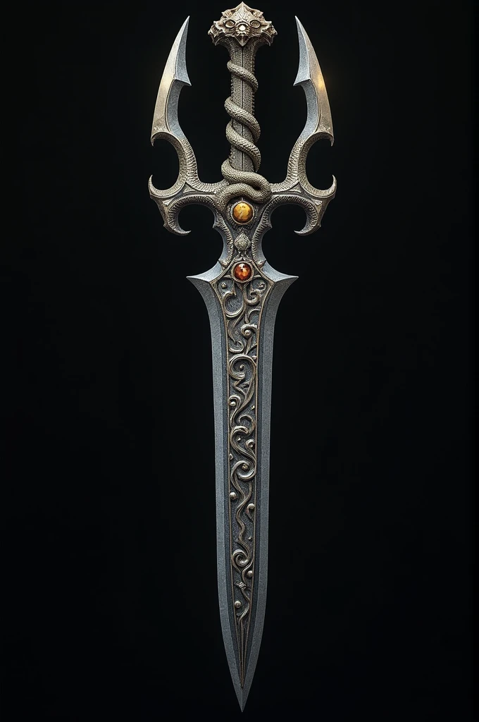 A bident, double-edged made of damascus steel with a dragon design