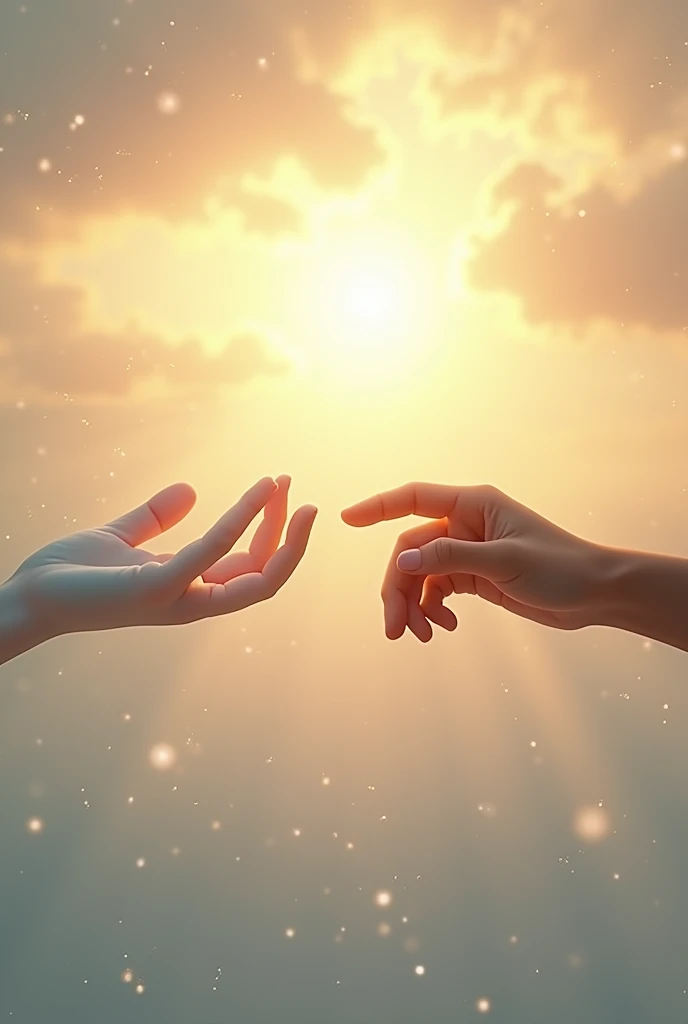 Book cover with two hands (sex is not identified) trying to touch each other in Heaven (There is a light sunset behind and several snowflakes falling in the distance), a white hand (the one above) and the other brown hand ( the one below) 