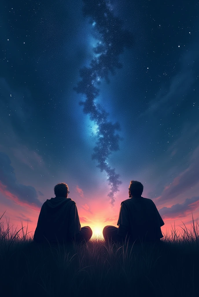 Two shadows of two men who are warrios (far away) laying in the ground and whatching at stars, these two men are in the middle of a plain in the evening, with a starry night (dark blue sky above fading to slightly lighter blue below, with pink and red) with thousands of stars, one in the middle shining a little brighter and standing out from the others.