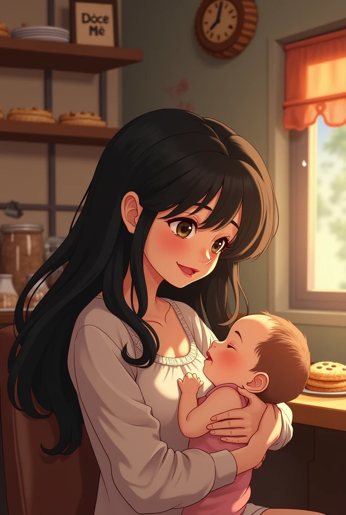 Young mother with long black hair with baby on her lap, cookie shop and with the name of the store Doce Mãe
