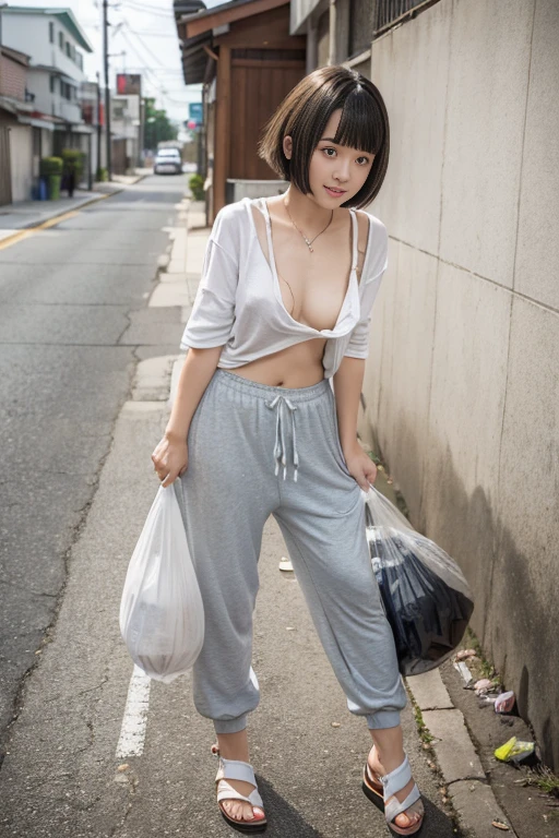 the front view of a japanese woman,street area,telephone poles,garbage collection center under the telephone pole,very short bowl cut hair with blunt bangs,early morning,(sandals:1.2),panty line,(i carry a garbage bag:1.4),high resolution,beautiful hair,plump, BREAK ((wearing loose t-shirt,sweat pants)),(leaning forward),(cleavage),standing in front of the trash can,(put garbage in the trash can:1.1),shooting through the trash can,((no bra)),smile,one nipple slip, RealDownblouse,
