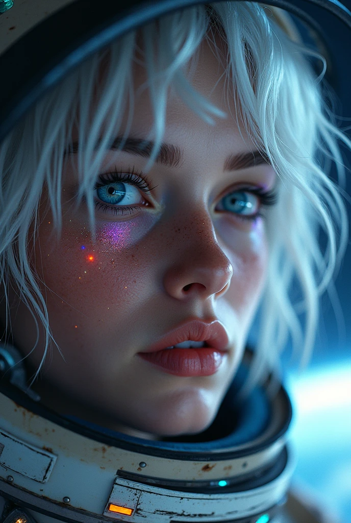 (Close-up of a better masterpiece:1.5)0.9], (Space and astronauts:1.2) (Messy silver hair:1.1) (Heterochromia xanthochromia and blue eyes:1.2) (Space Helmet:1.0) (Colored stars in the eyes:1.0) (A radiant glow:1.1) (thick lips:0.9)