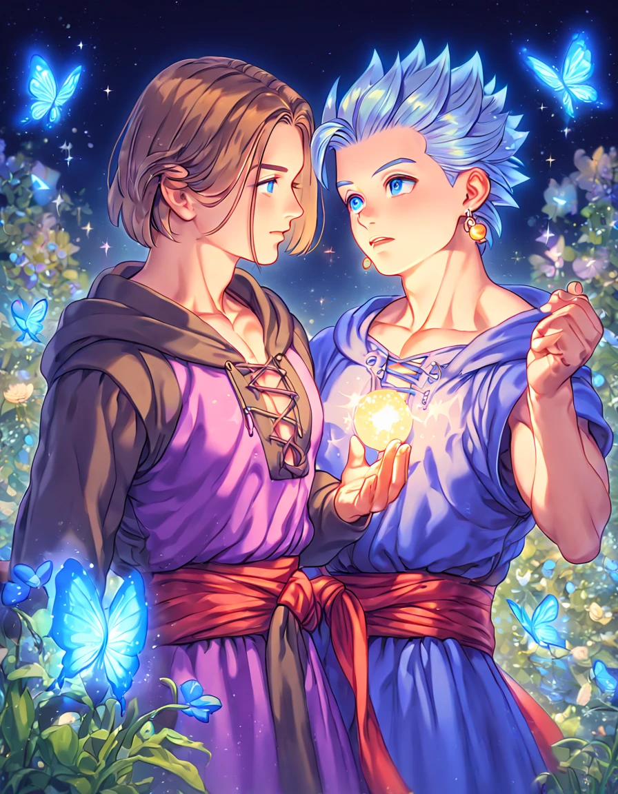 absurdres, highres, ultra detailed, HDR, master piece, best quality, extremely detailed, Erik, light-blue hair, hair slicked up, spiked hair, expressive blue eyes, Dragon Quest XI, Luminary, brown hair, expressive blue eyes, two sexy men together, yaoi, gay couple, handsome, manly man, hooded dark green tunic with lacing that exposes his chest, a red sash tied around his waist, golden earring, purple tunic, fantasy, magic, sparkling, blue moon, blue flowers, blue butterflies, blue petals, garden