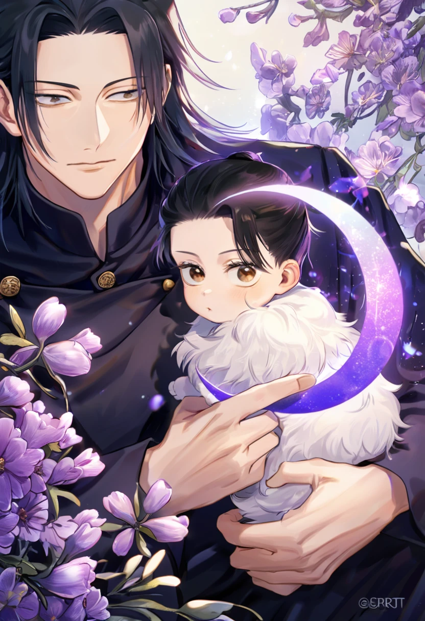 absurdres, highres, ultra detailed, HDR, master piece, Getou Suguru as a little , black hair, expressive brown eyes, black clothes, Jujutsu Kaisen, holding a white fluffy cat, cute boy, adorable, best quality, purple glittering crescent moon, purple flowers, fantasy, magical, solo, water, purple shining fireflies, purple petals, purple fire,