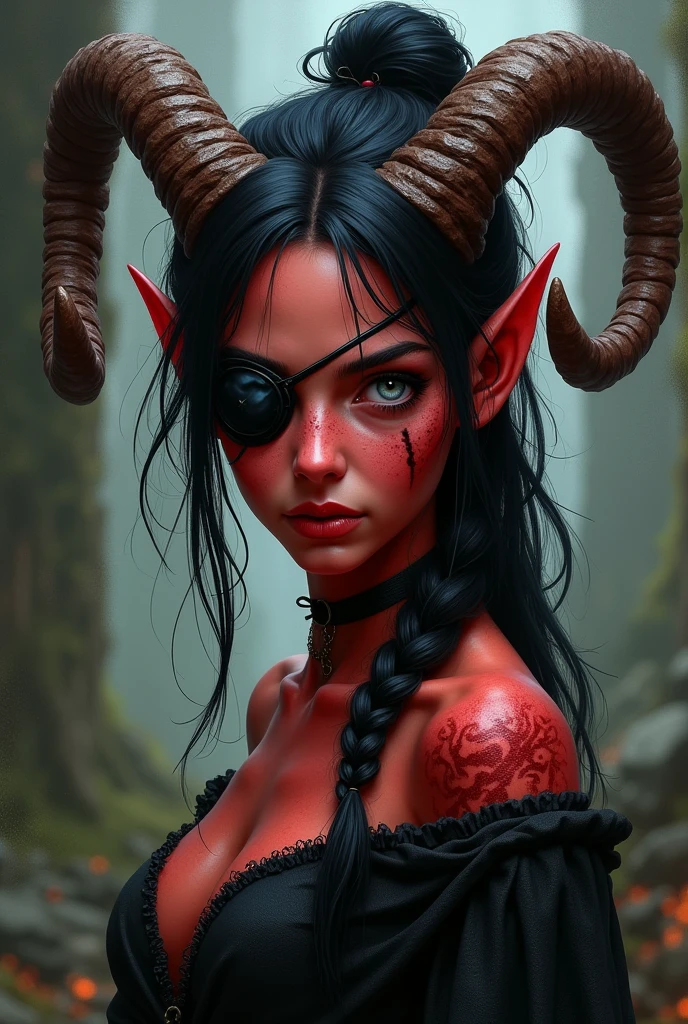 ((Mediovale)), uma mulher Tiefling, reddish skin, ram horns, completely white eyes, eye patch on the left side, scar under the eye patch, scar on the lips on the right side, Bblack hair, hair tied in a bun, scraping both sides, a braid on each side of the bangs.